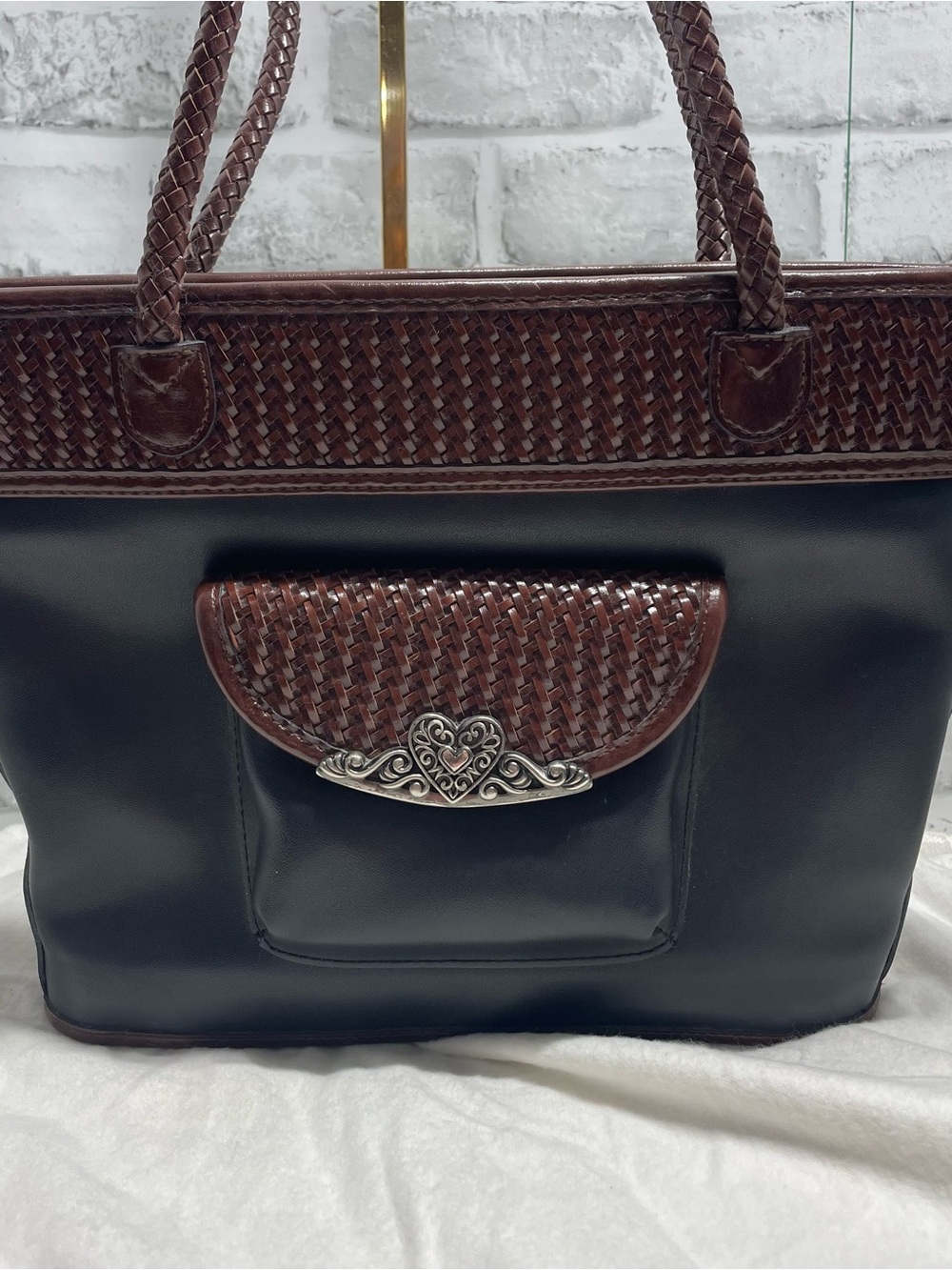 Braided Trim Black & Dark Brown Tote Handbag. Preowned. Adrienne Gail. Heart.